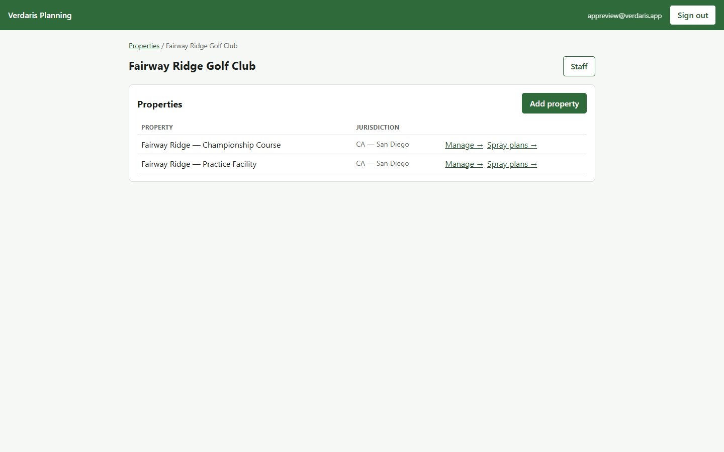 Verdaris web app organization dashboard listing properties