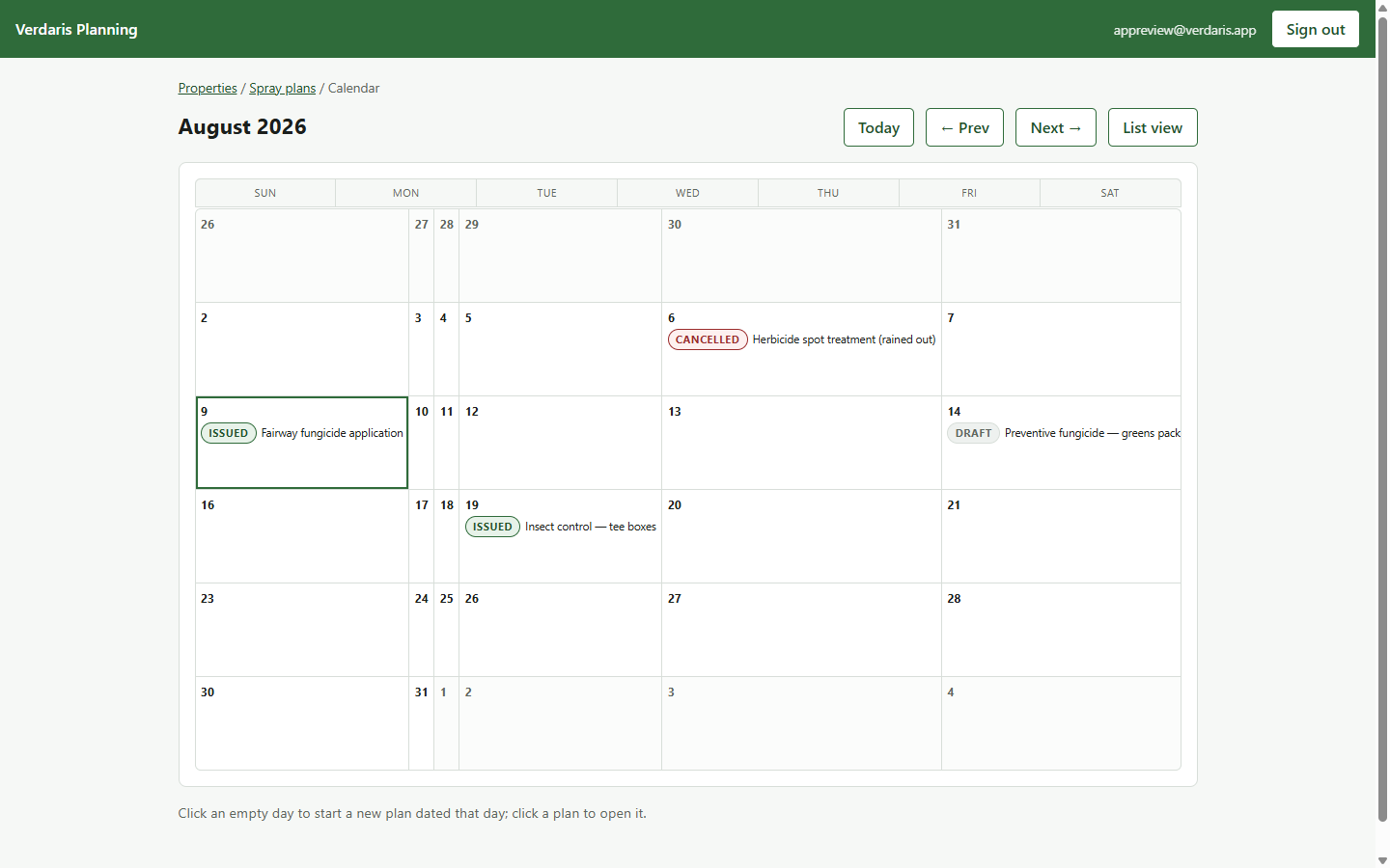 Property calendar view showing spray plans by date
