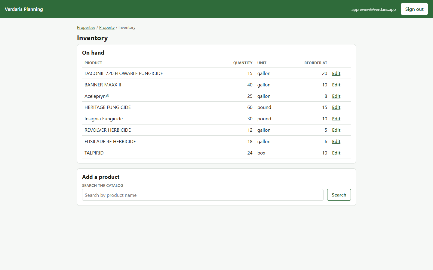 Inventory screen listing products on hand, quantity, unit, and reorder threshold