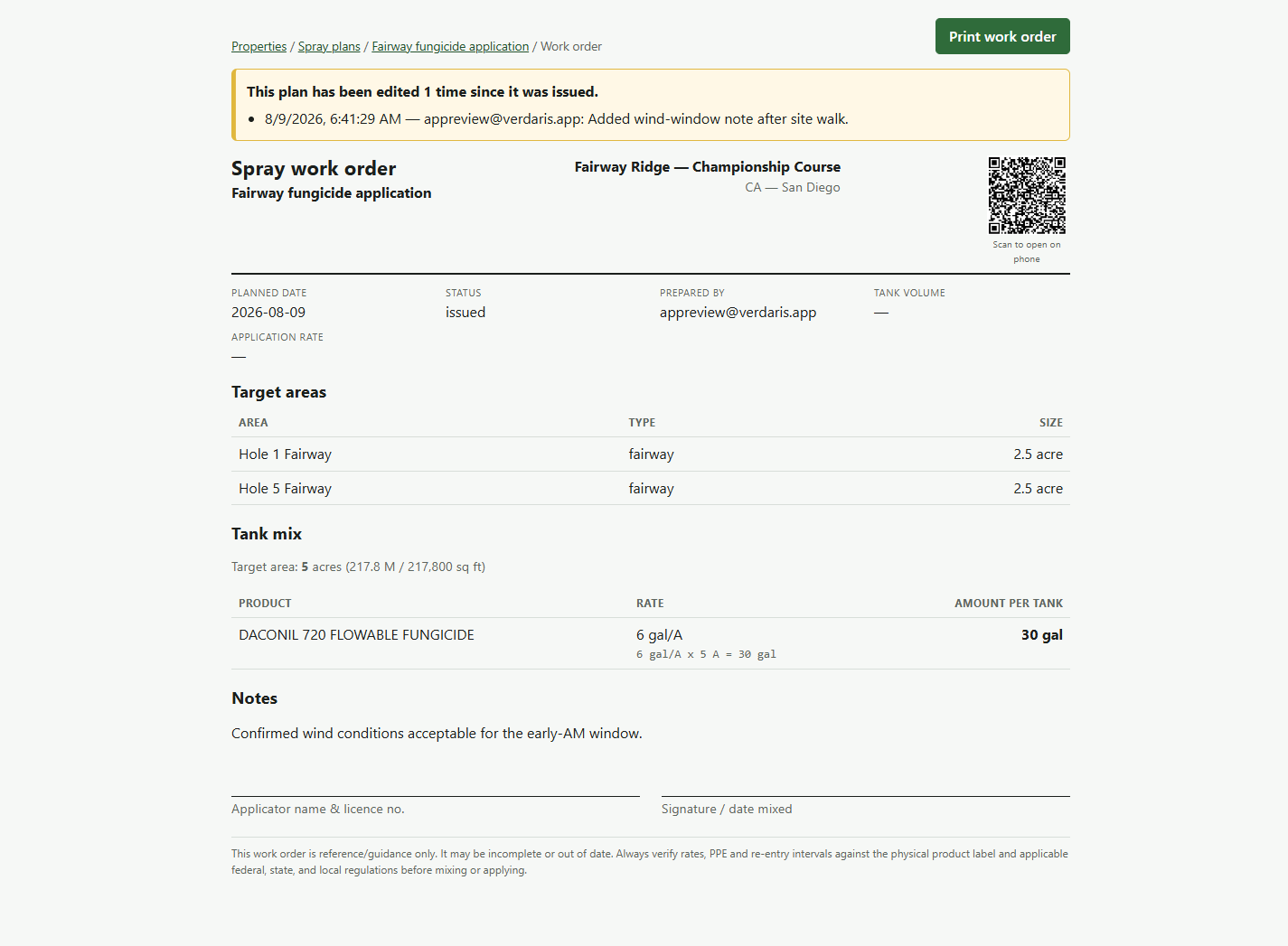 Printable work order for a spray plan, showing product, rate, and tank-mix amounts