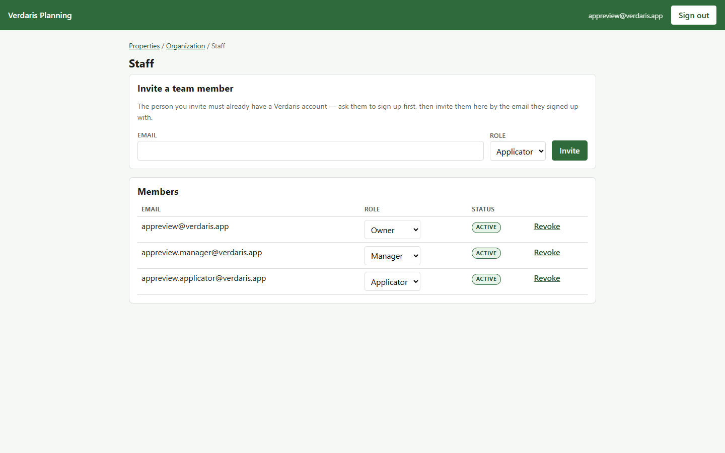 Staff administration screen for an organization