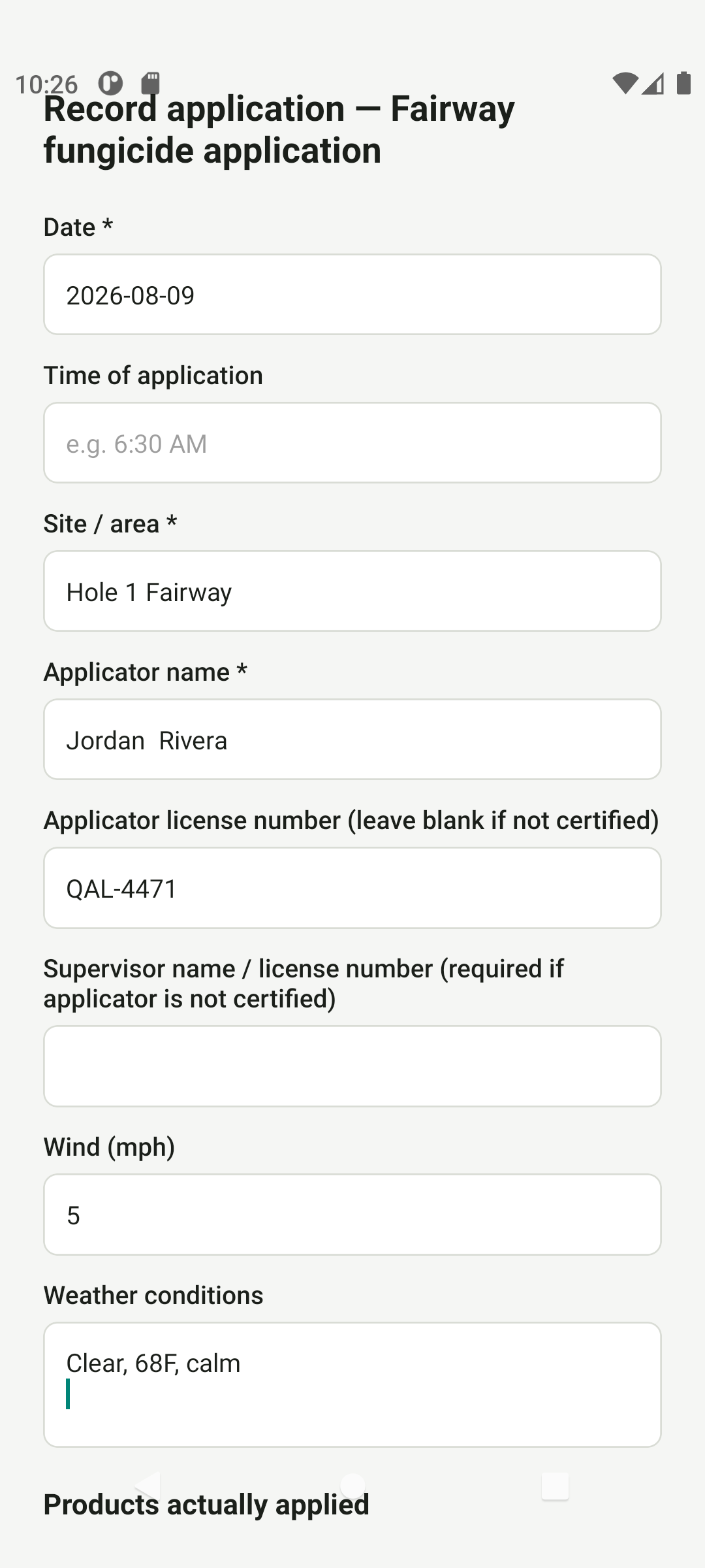Sprayvo mobile app field-capture form