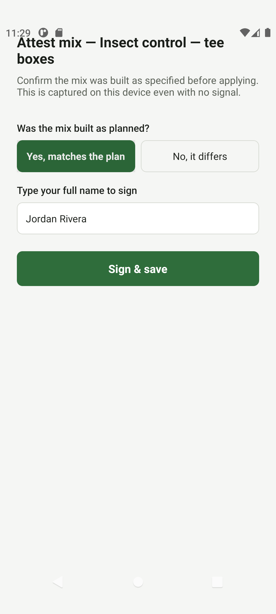 Sprayvo mobile app mix attestation screen